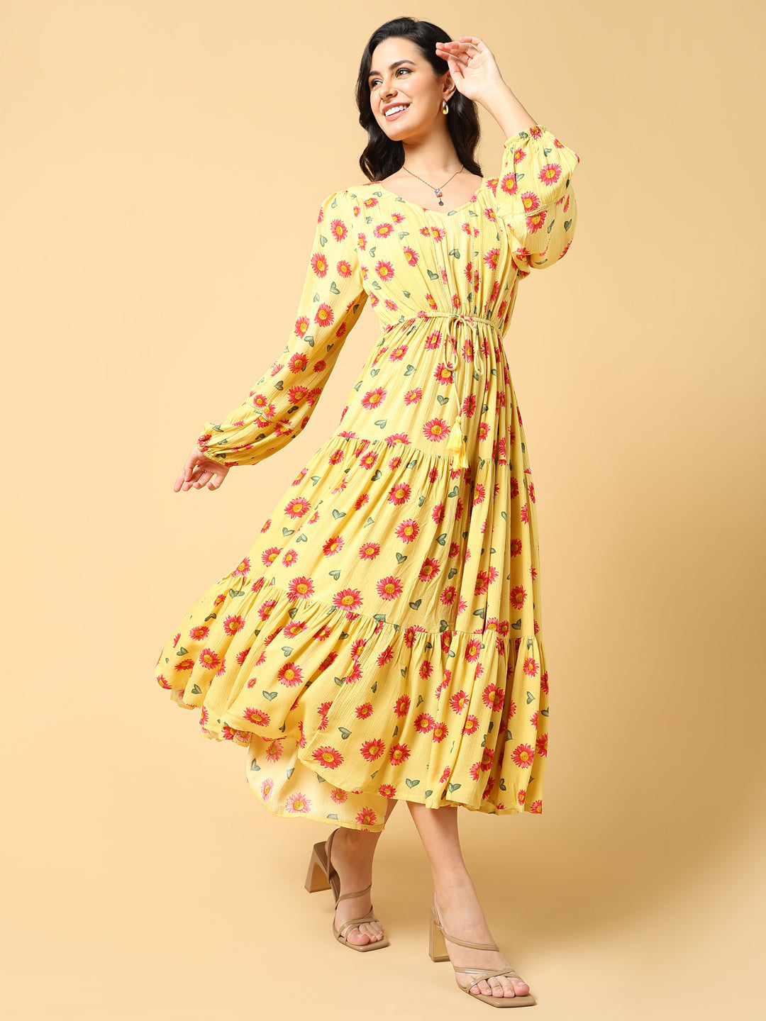 Women's Yellow Floral Print Puff Sleeve Crepe Fit & Flare Midi Dress