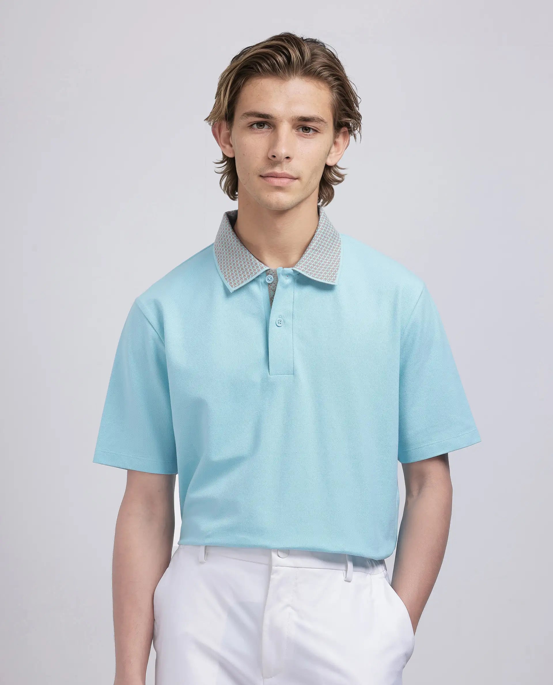 Rare Rabbit Men's Abit Light Blue Cotton Blend Plain Regular Fit Half Sleeve Polo