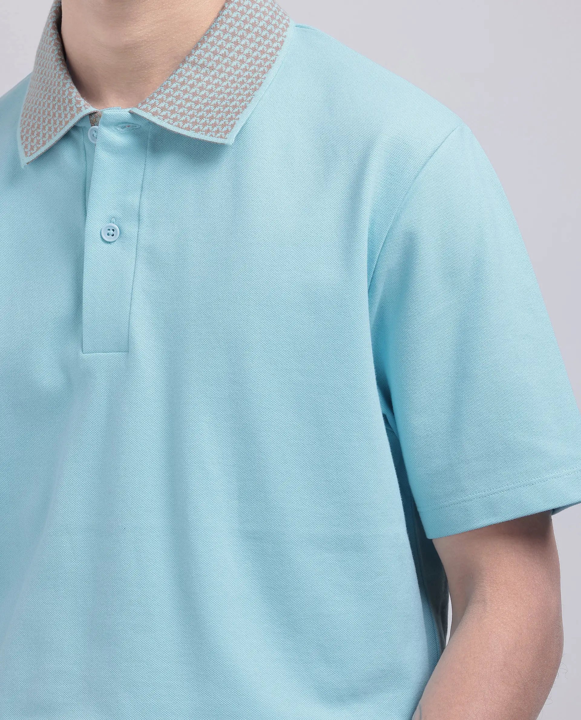Rare Rabbit Men's Abit Light Blue Cotton Blend Plain Regular Fit Half Sleeve Polo