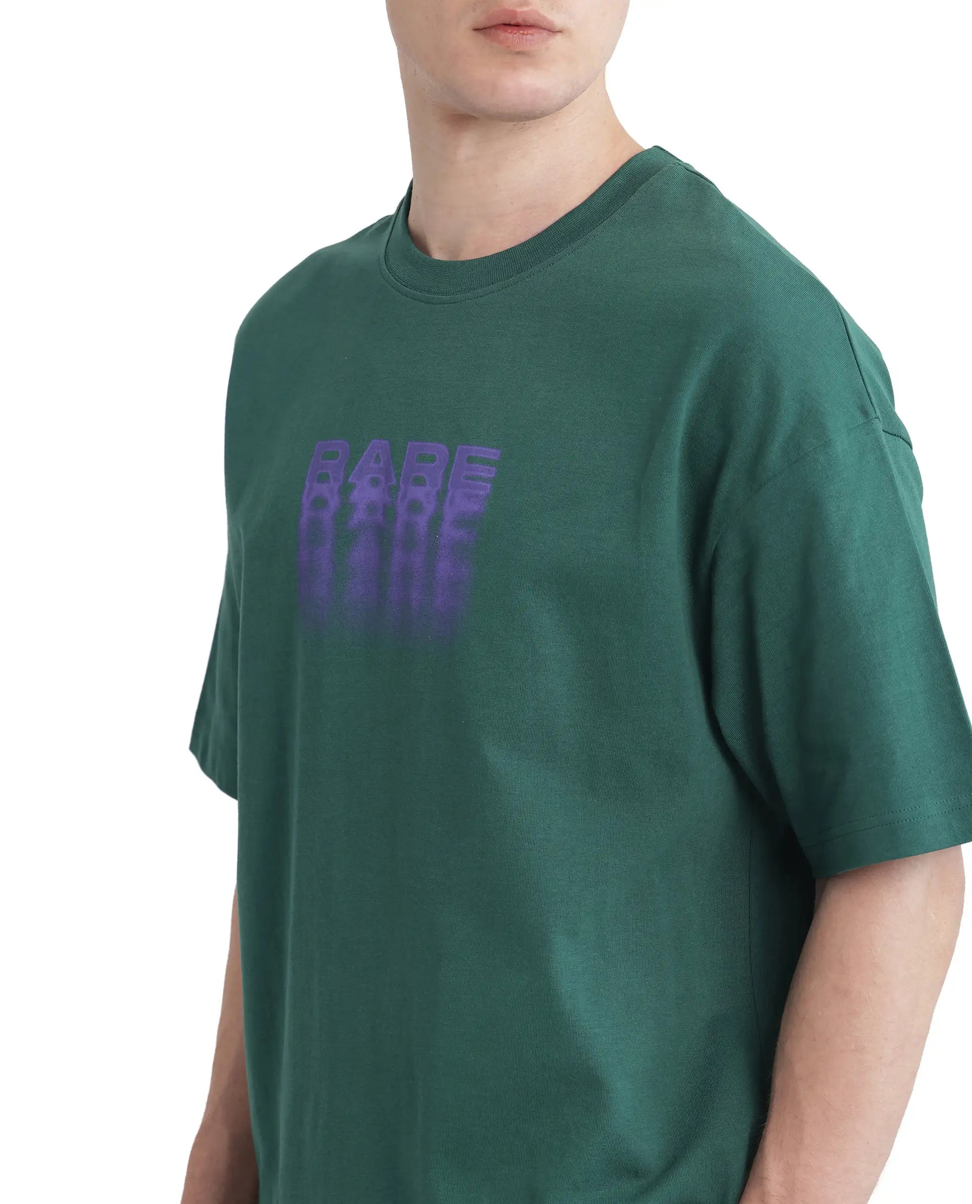 Rare Rabbit Men's Act Dark Green Cotton Graphic Print Oversized Fit Half Sleeve Crew Neck T-Shirt