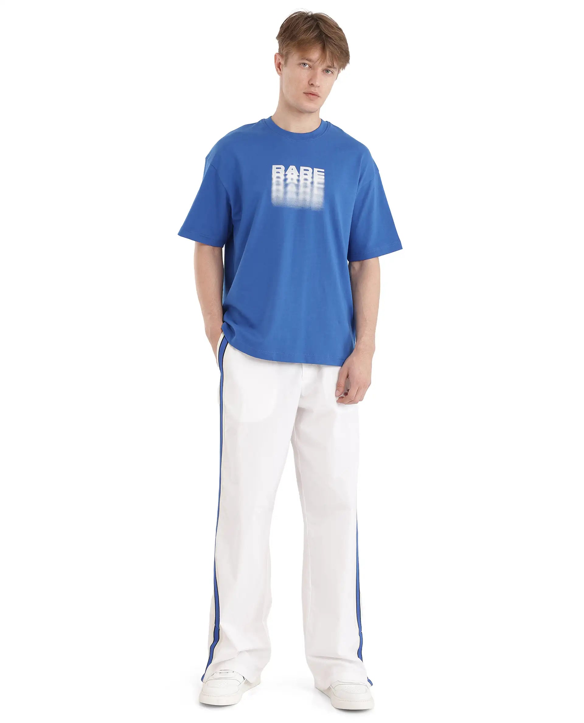Rare Rabbit Men's Act Dark Blue Cotton Graphic Print Oversized Fit Half Sleeve Crew Neck T-Shirt