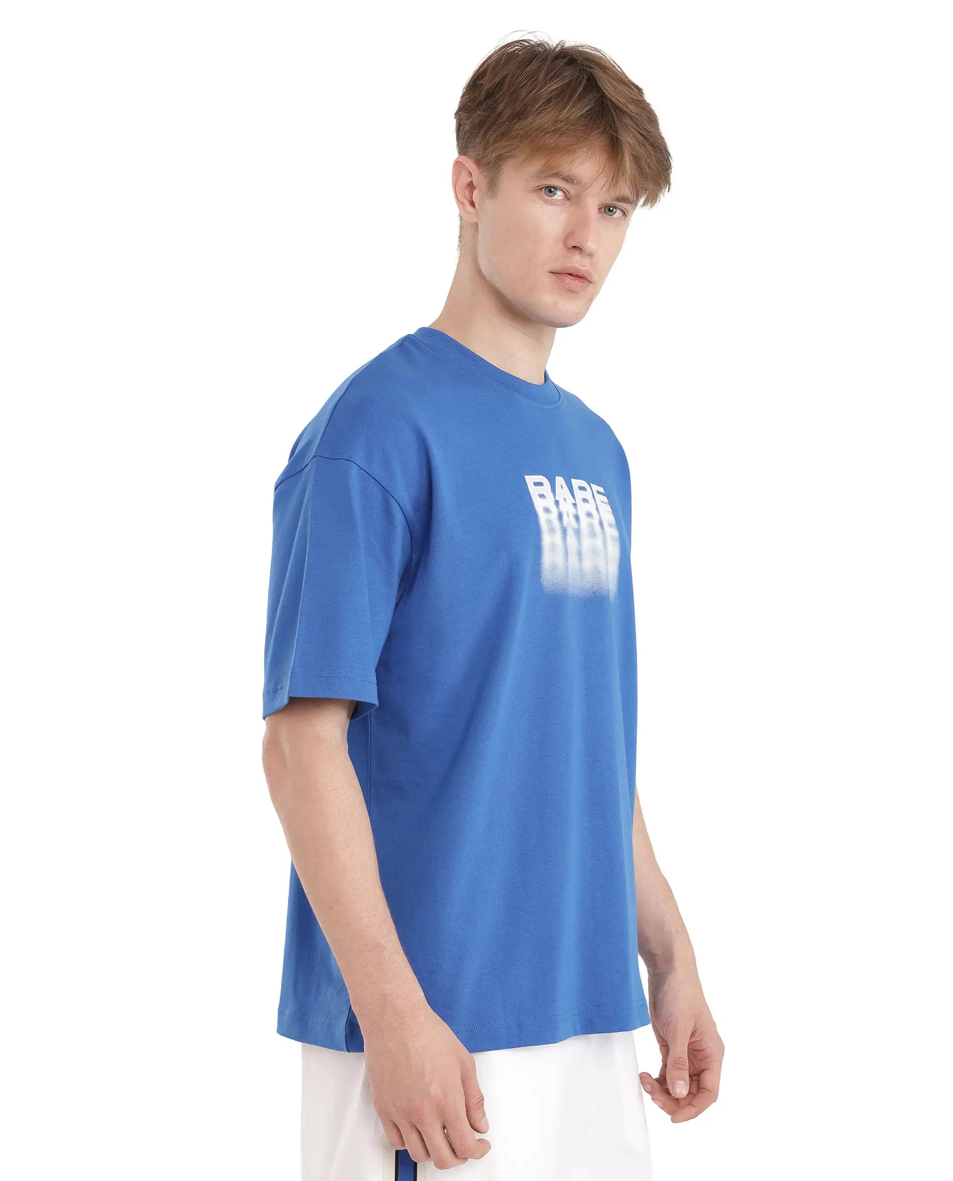 Rare Rabbit Men's Act Dark Blue Cotton Graphic Print Oversized Fit Half Sleeve Crew Neck T-Shirt