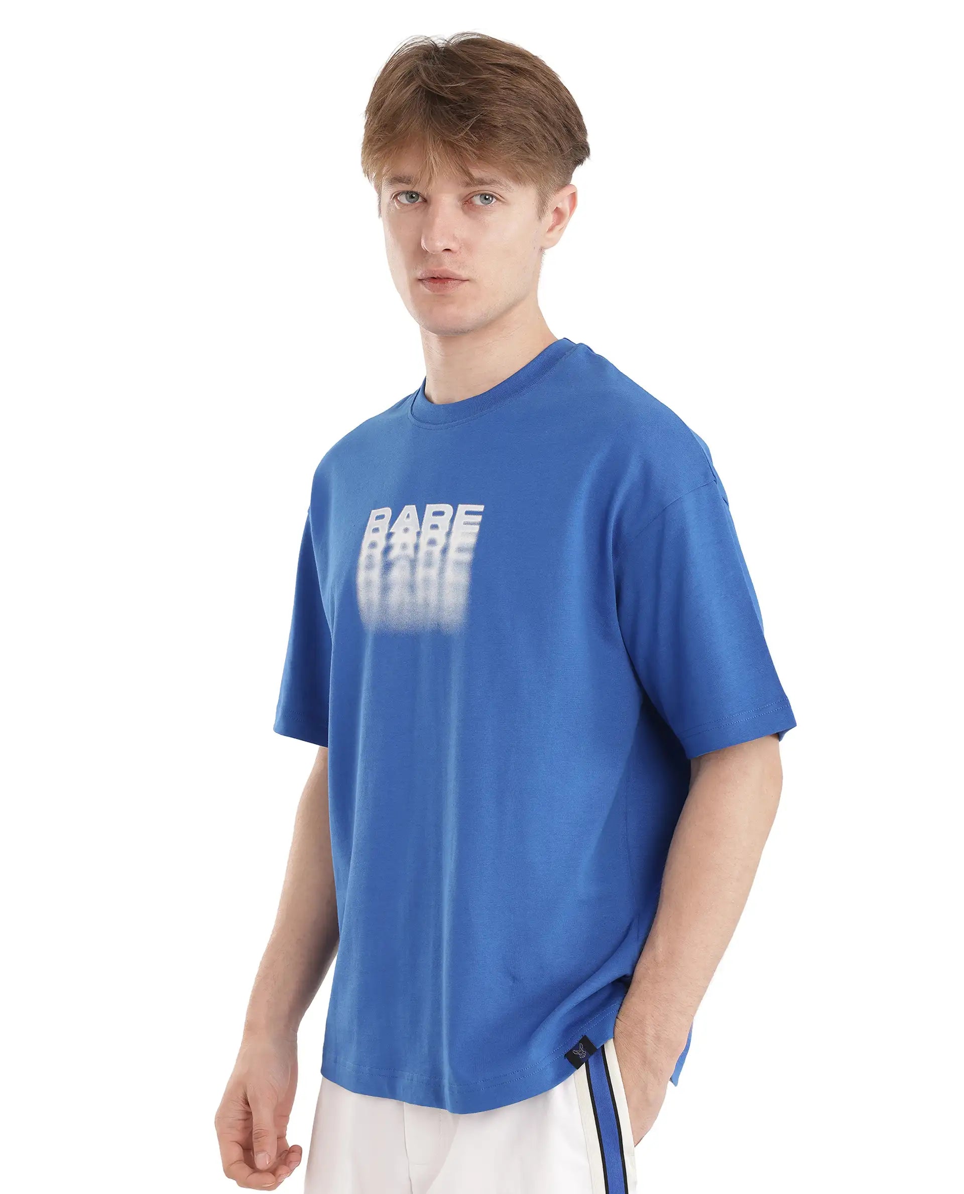 Rare Rabbit Men's Act Dark Blue Cotton Graphic Print Oversized Fit Half Sleeve Crew Neck T-Shirt