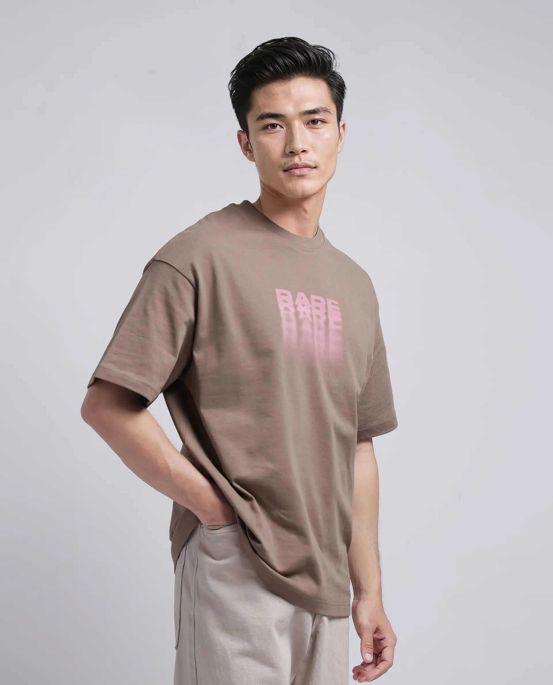 Rare Rabbit Men's Act Dusky Grey Cotton Graphic Print Oversized Fit Half Sleeve Crew Neck T-Shirt