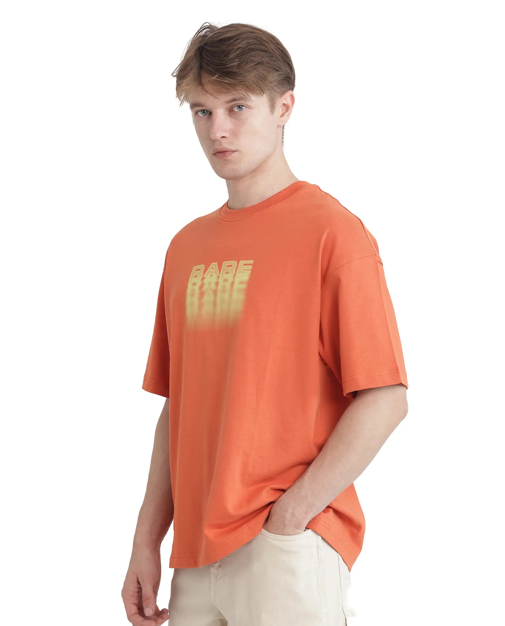 Rare Rabbit Men's Act Orange Cotton Graphic Print Oversized Fit Half Sleeve Crew Neck T-Shirt