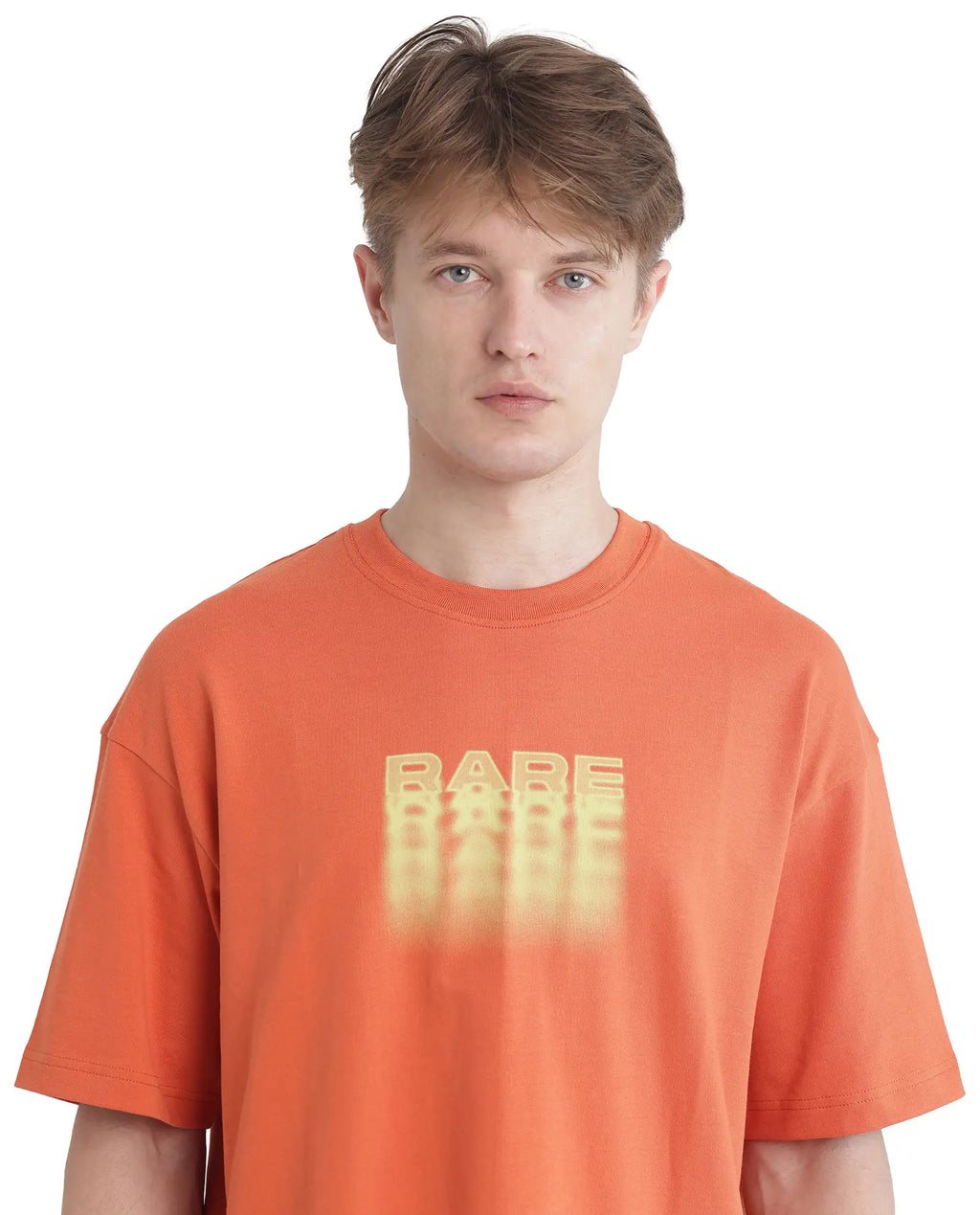 Rare Rabbit Men's Act Orange Cotton Graphic Print Oversized Fit Half Sleeve Crew Neck T-Shirt