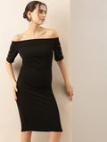 Women's Black Solid Off-Shoulder Sheath Dress