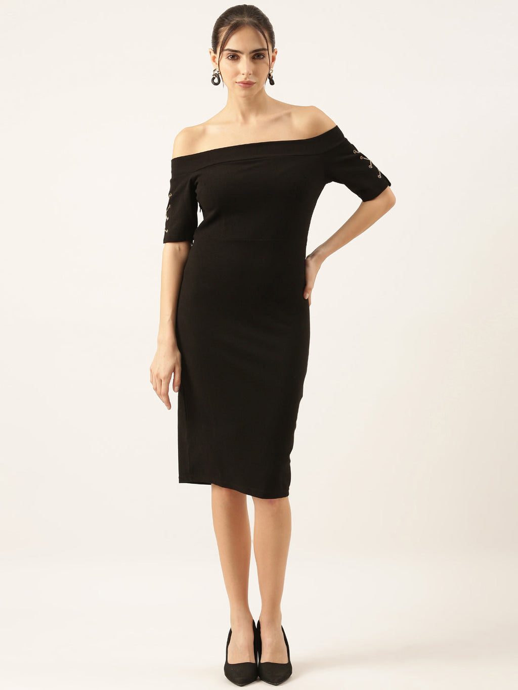 Women's Black Solid Off-Shoulder Sheath Dress