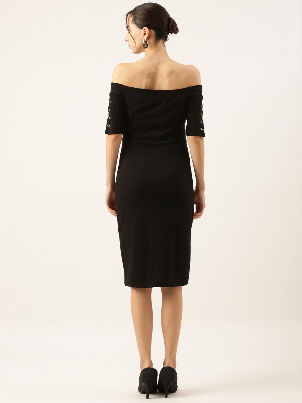 Women's Black Solid Off-Shoulder Sheath Dress