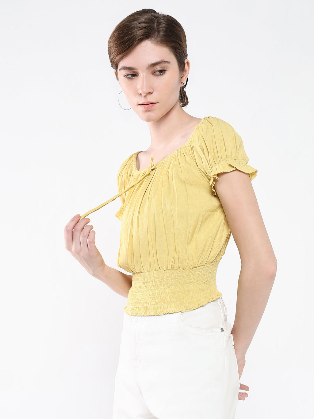Women's Yellow Off-Shoulder Smocked Bardot Top