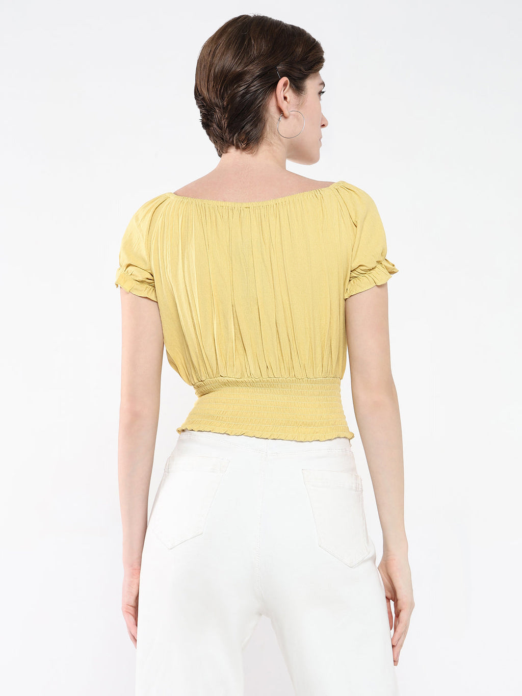 Women's Yellow Off-Shoulder Smocked Bardot Top
