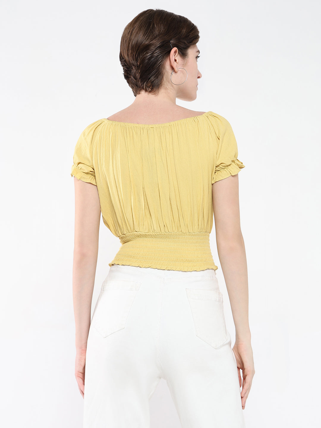 Women's Yellow Off-Shoulder Smocked Bardot Top