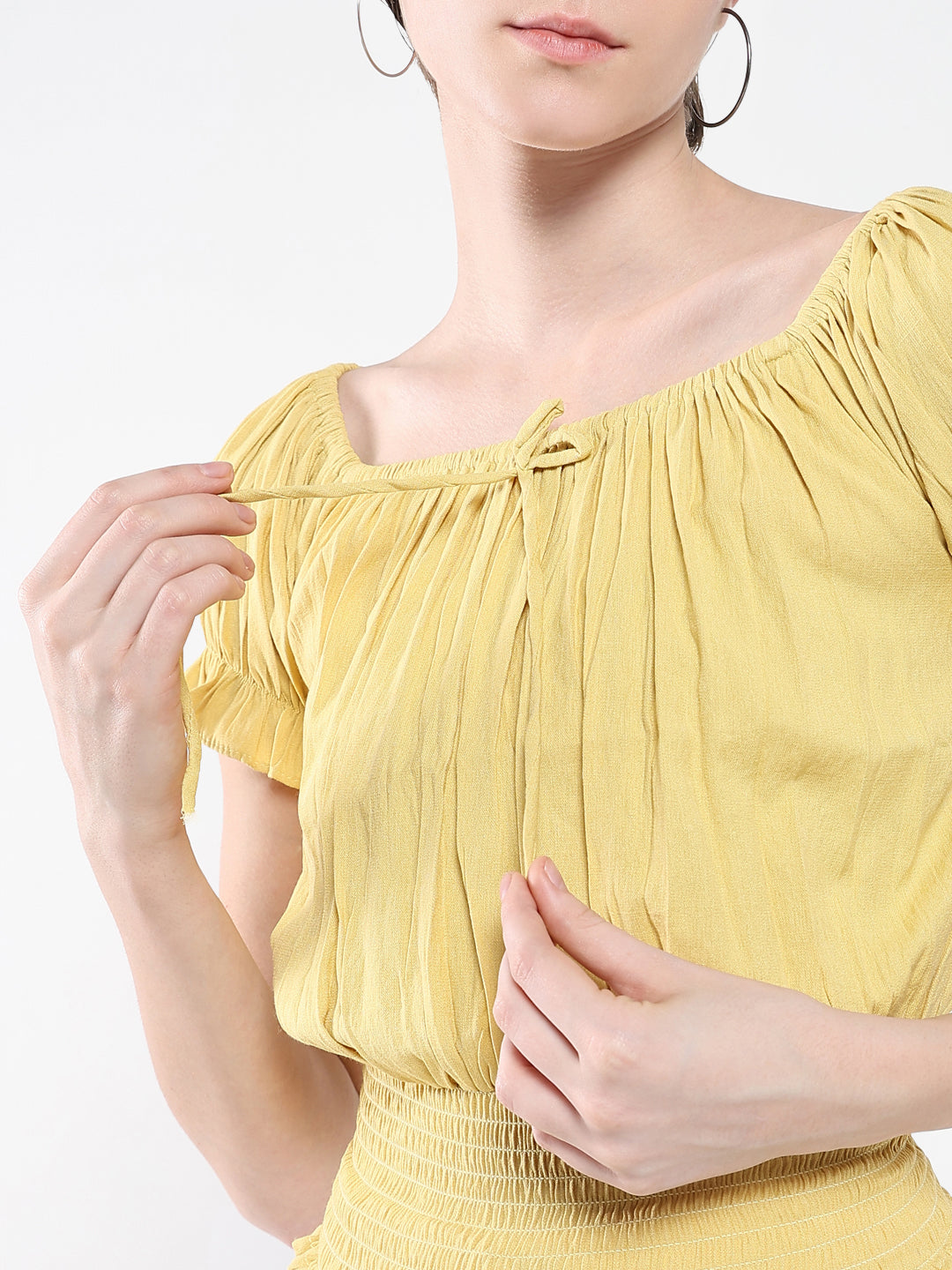 Women's Yellow Off-Shoulder Smocked Bardot Top