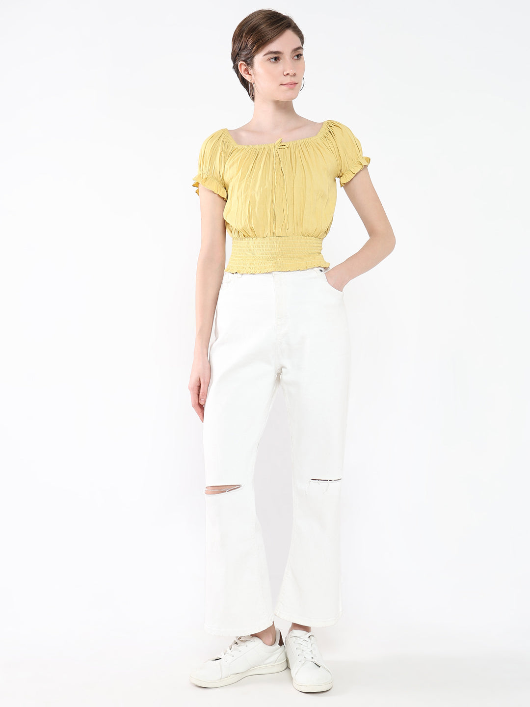 Women's Yellow Off-Shoulder Smocked Bardot Top