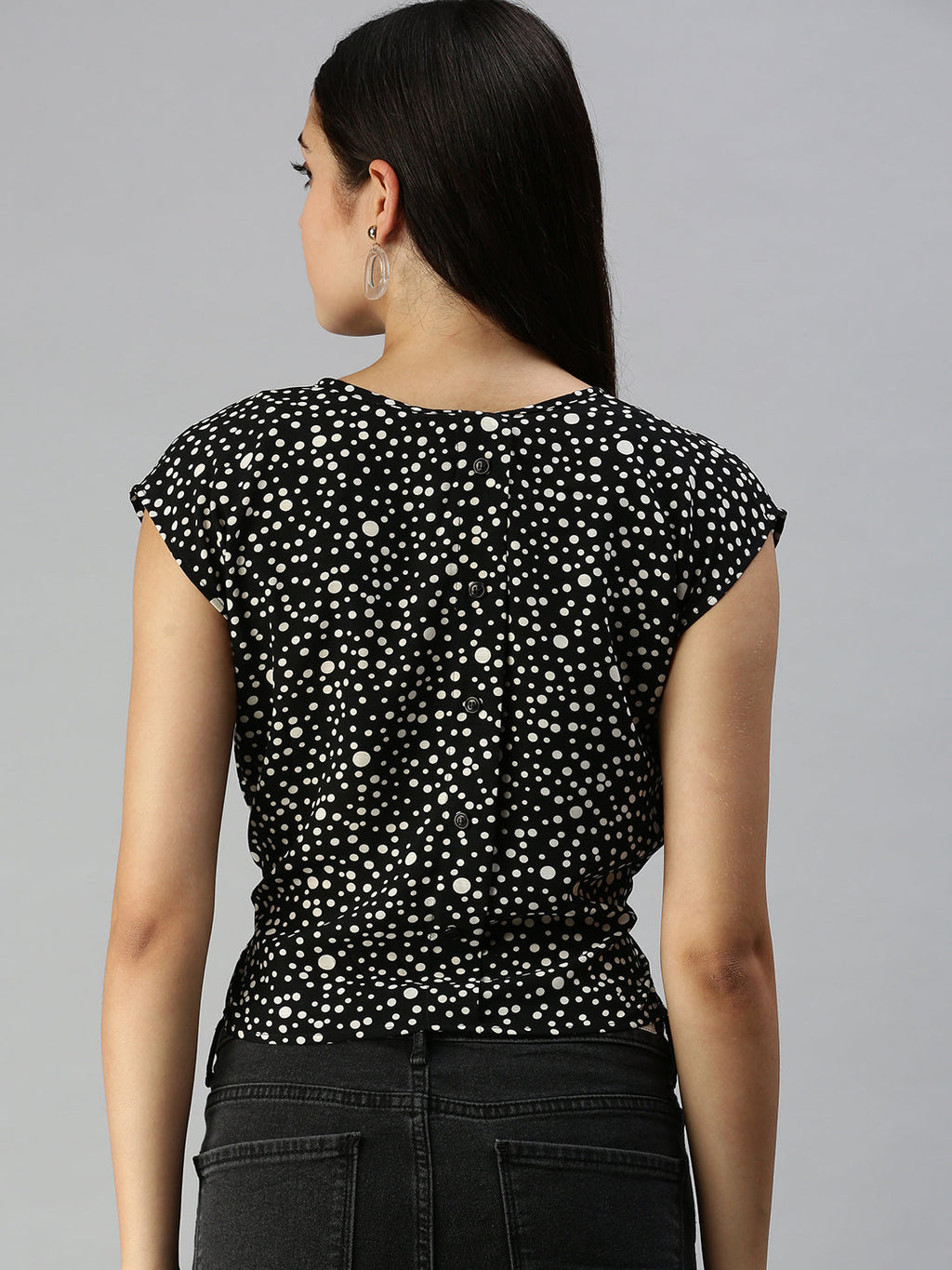 Women's Black Print Sweetheart Neck Extended Sleeves Georgette Cinched Waist Top