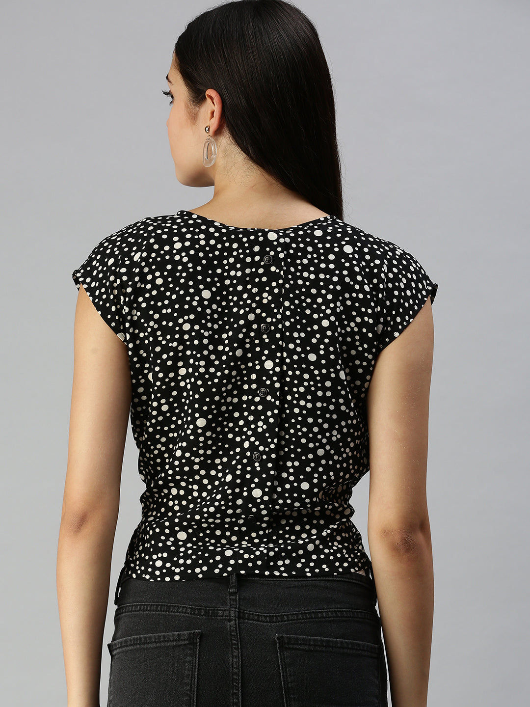 Women's Black Print Sweetheart Neck Extended Sleeves Georgette Cinched Waist Top