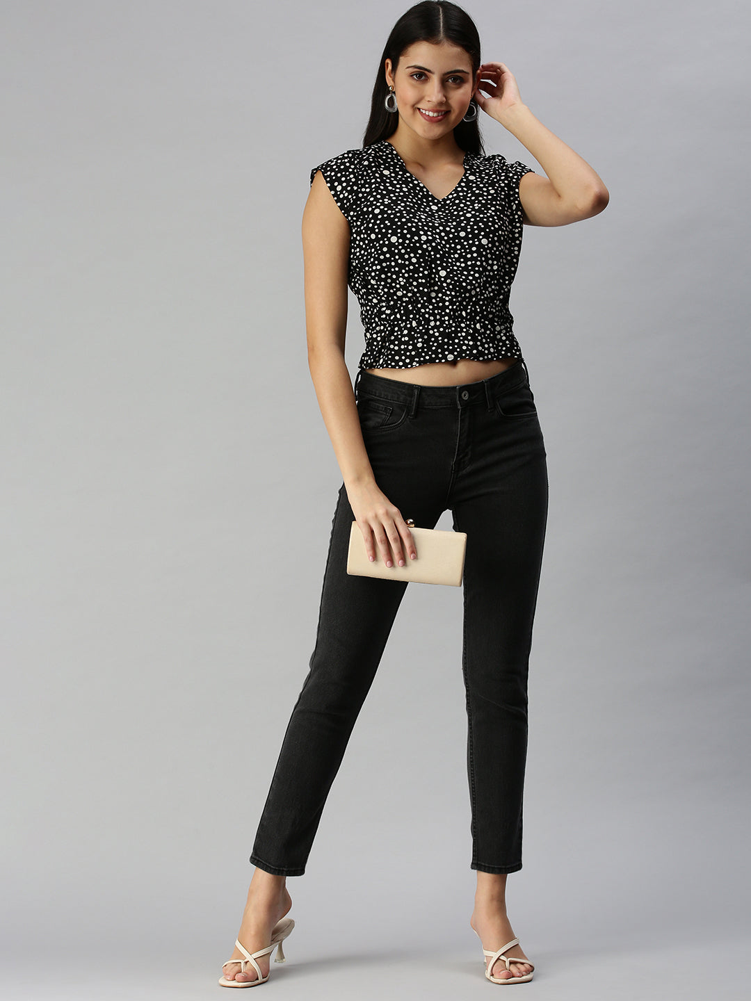 Women's Black Print Sweetheart Neck Extended Sleeves Georgette Cinched Waist Top
