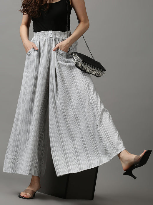 Women's White Striped Flared Trousers