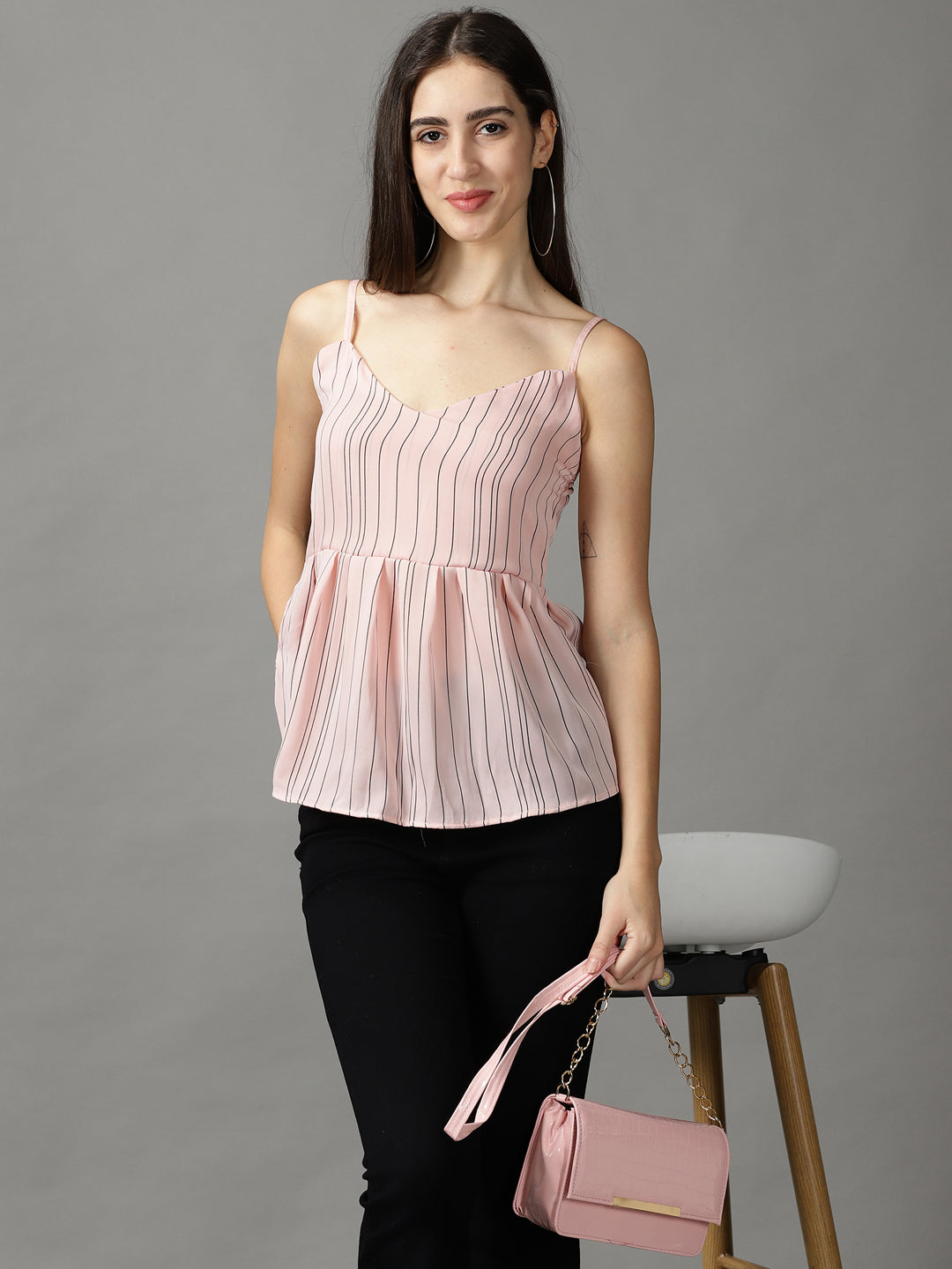 Women's Pink Striped Shoulder Straps Empire Top