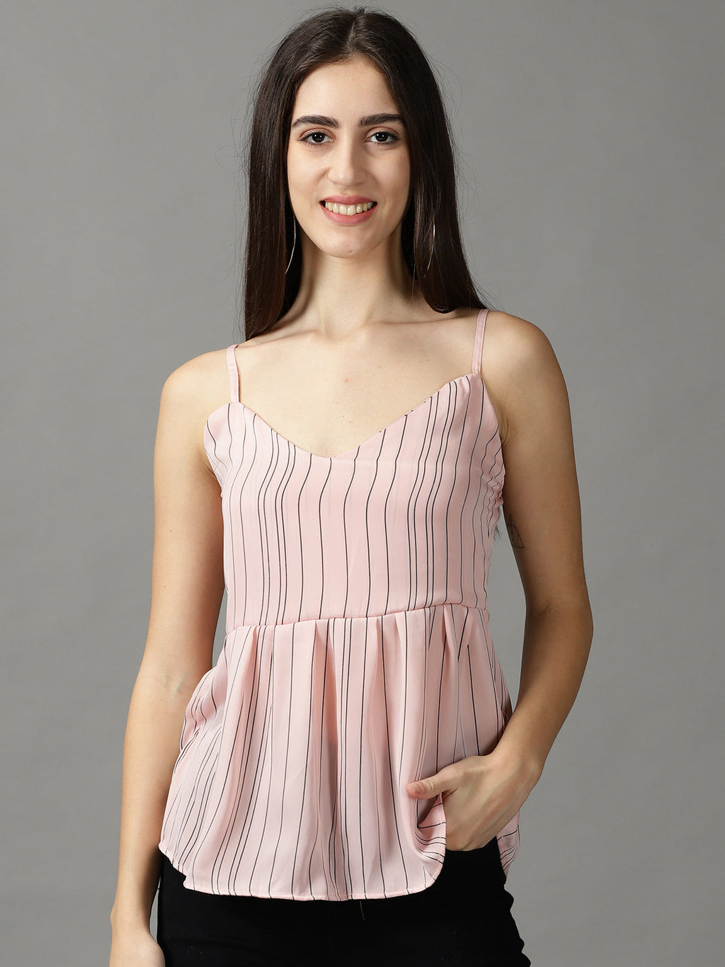 Women's Pink Striped Shoulder Straps Empire Top