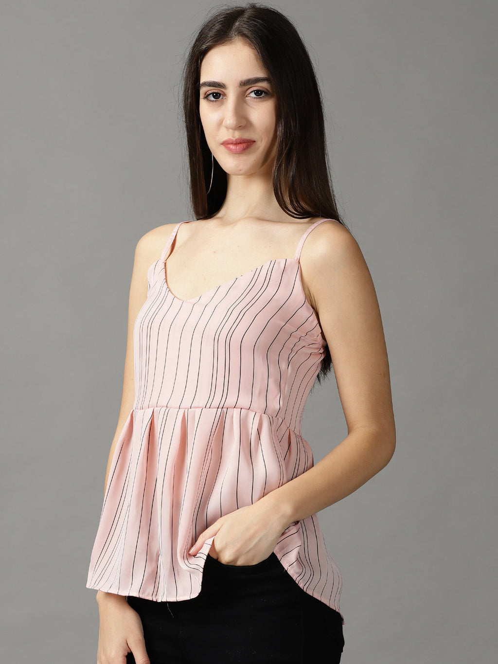 Women's Pink Striped Shoulder Straps Empire Top