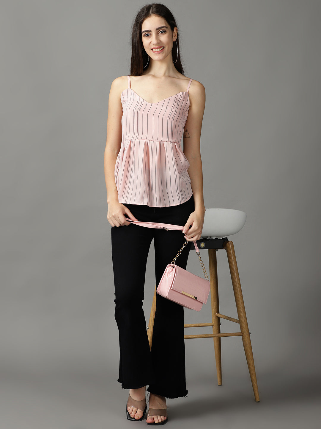 Women's Pink Striped Shoulder Straps Empire Top