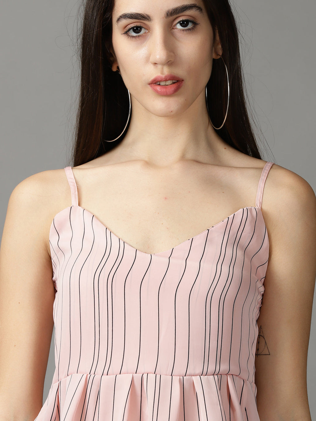 Women's Pink Striped Shoulder Straps Empire Top