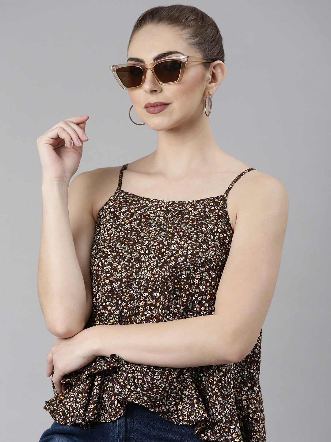 Women's Brown Floral Printed Tiered Top
