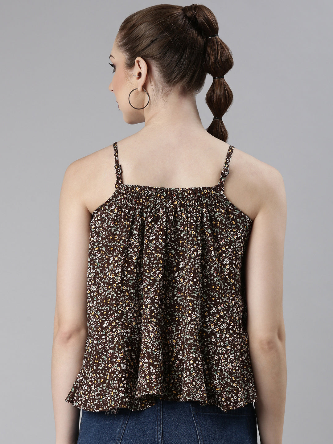 Women's Brown Floral Printed Tiered Top