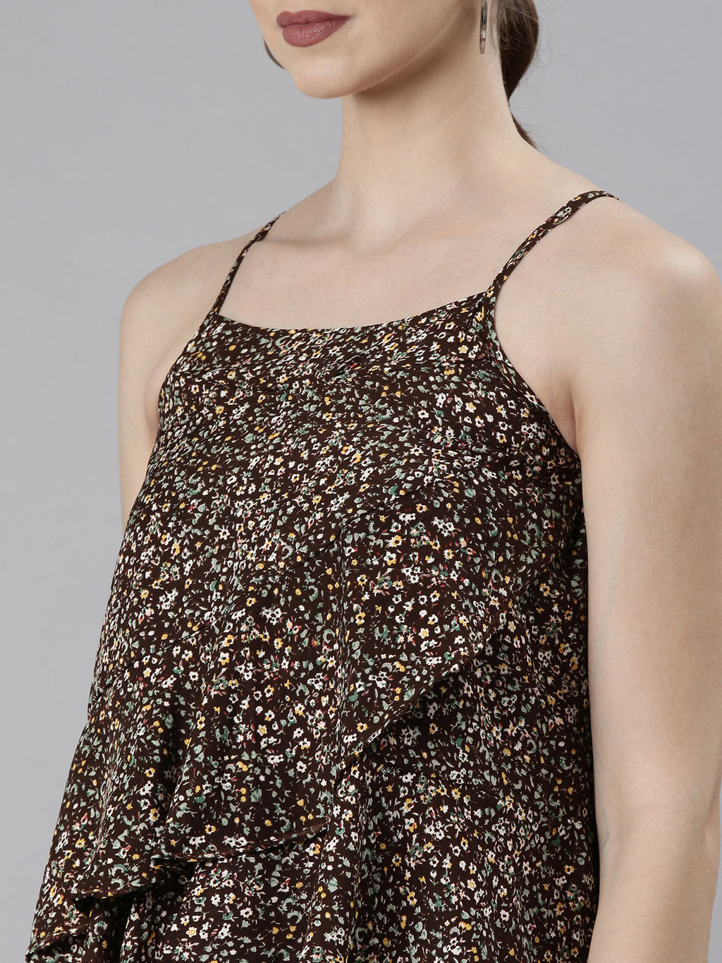 Women's Brown Floral Printed Tiered Top