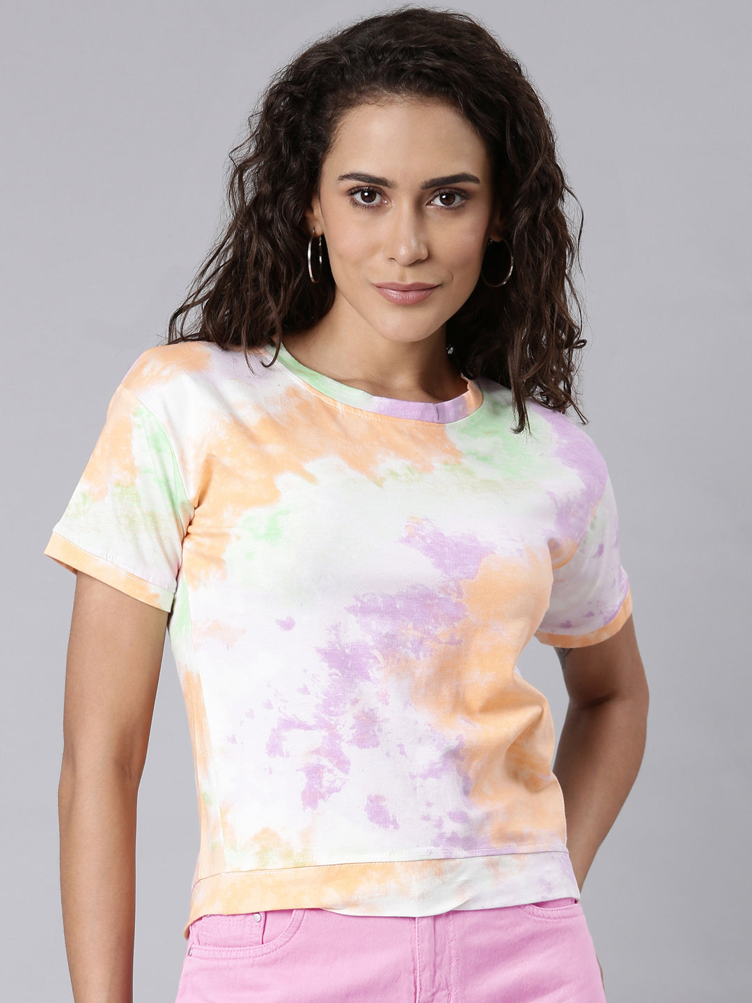 Women's Multi Tie & Dye Printed Round Neck Cotton Regular Top