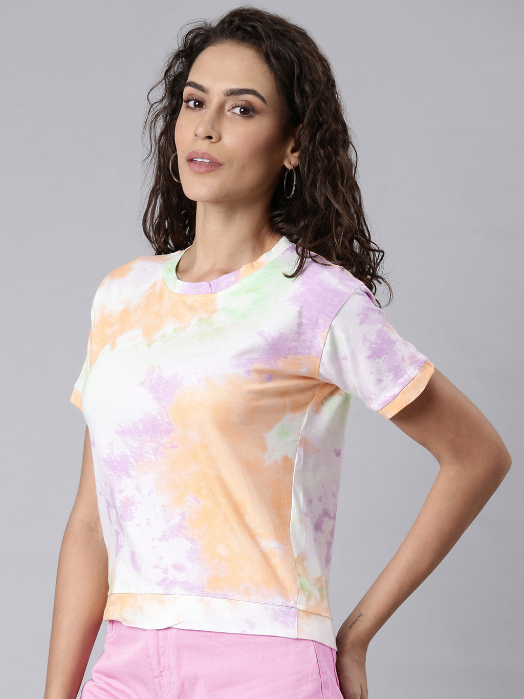 Women's Multi Tie & Dye Printed Round Neck Cotton Regular Top