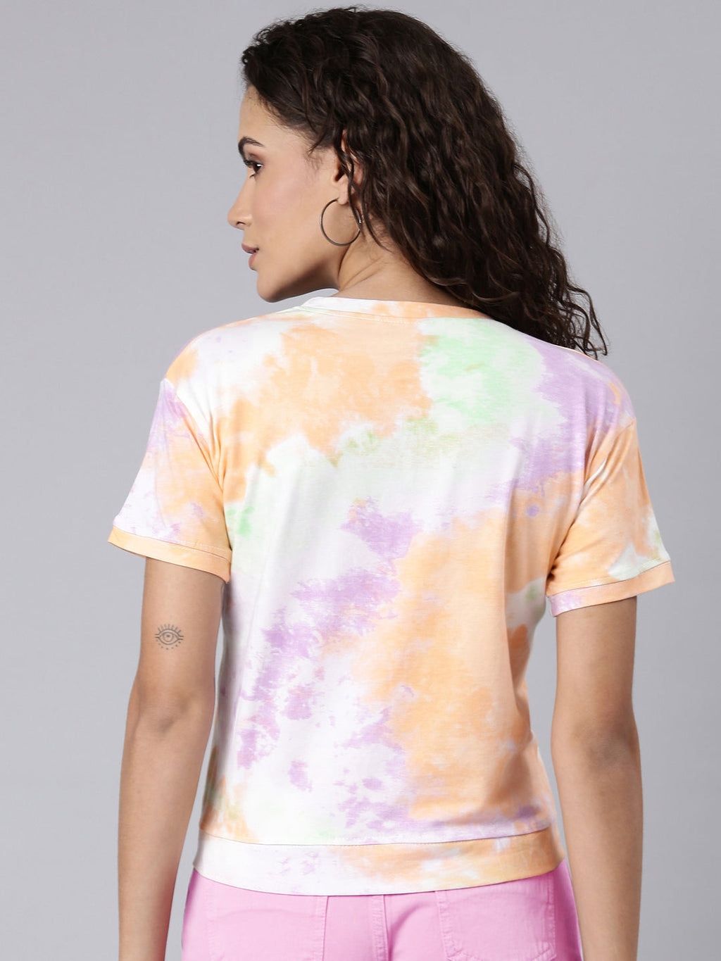 Women's Multi Tie & Dye Printed Round Neck Cotton Regular Top