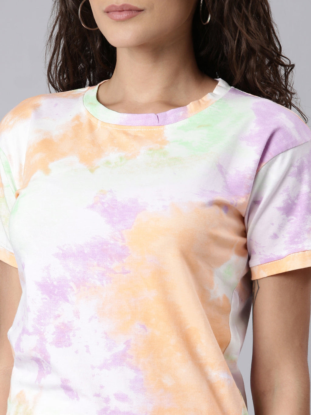 Women's Multi Tie & Dye Printed Round Neck Cotton Regular Top