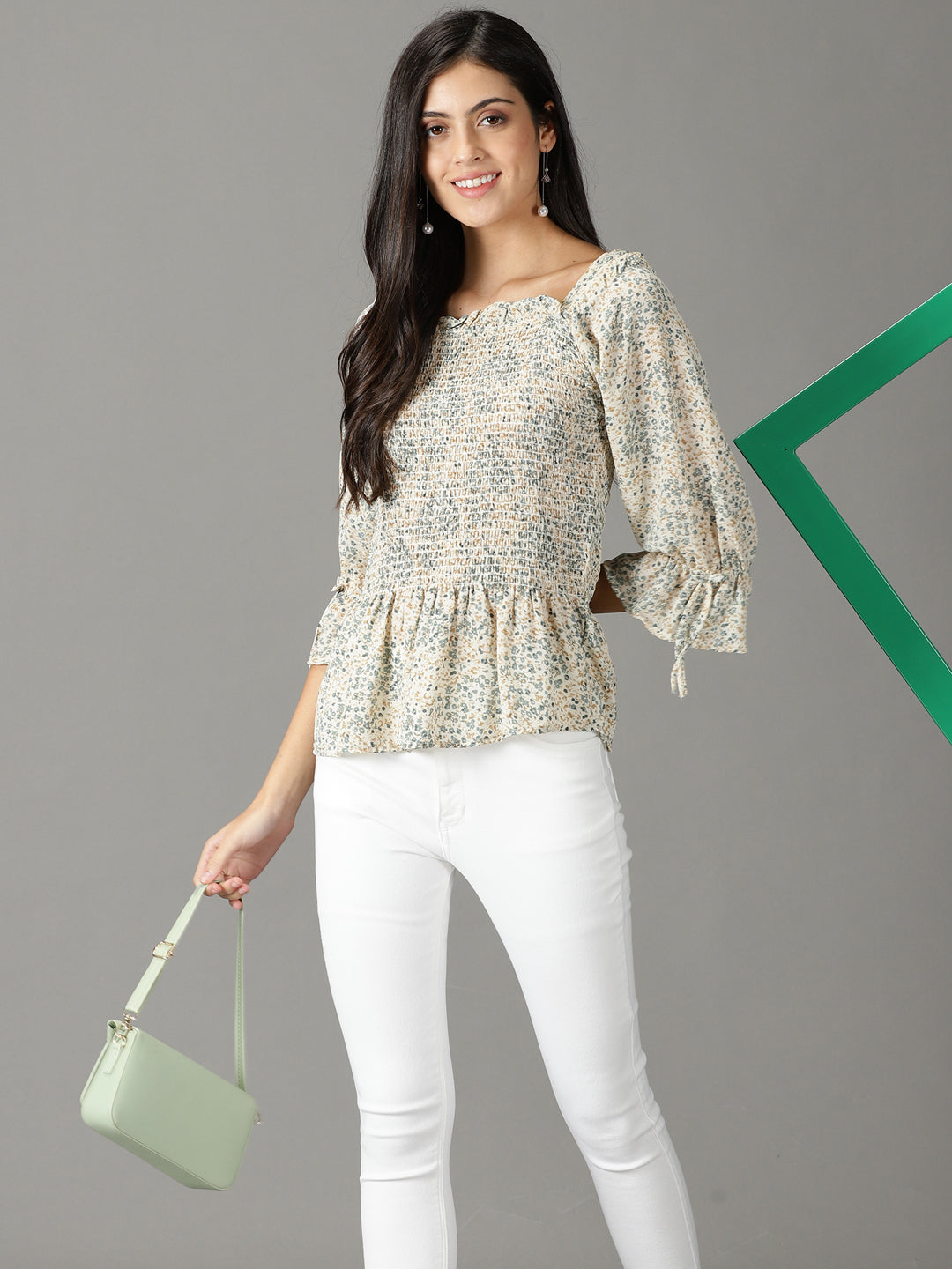 Women's Off White Floral Printed Square Neck Peplum Top