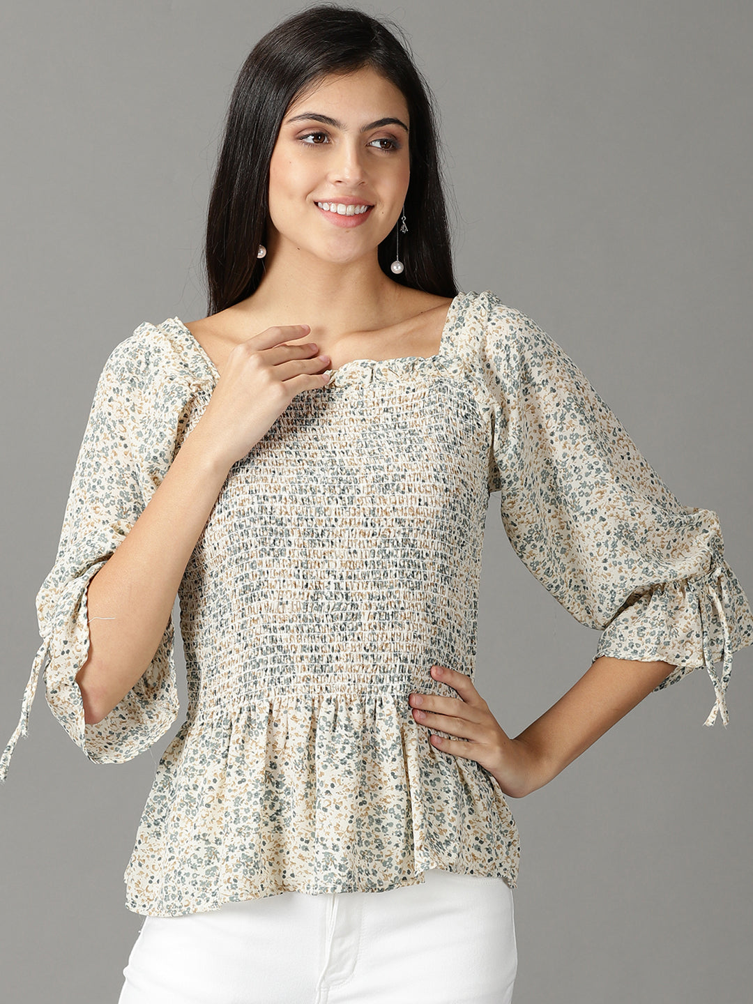 Women's Off White Floral Printed Square Neck Peplum Top