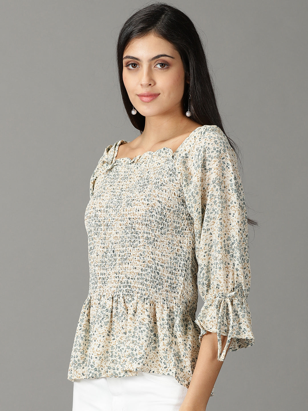 Women's Off White Floral Printed Square Neck Peplum Top
