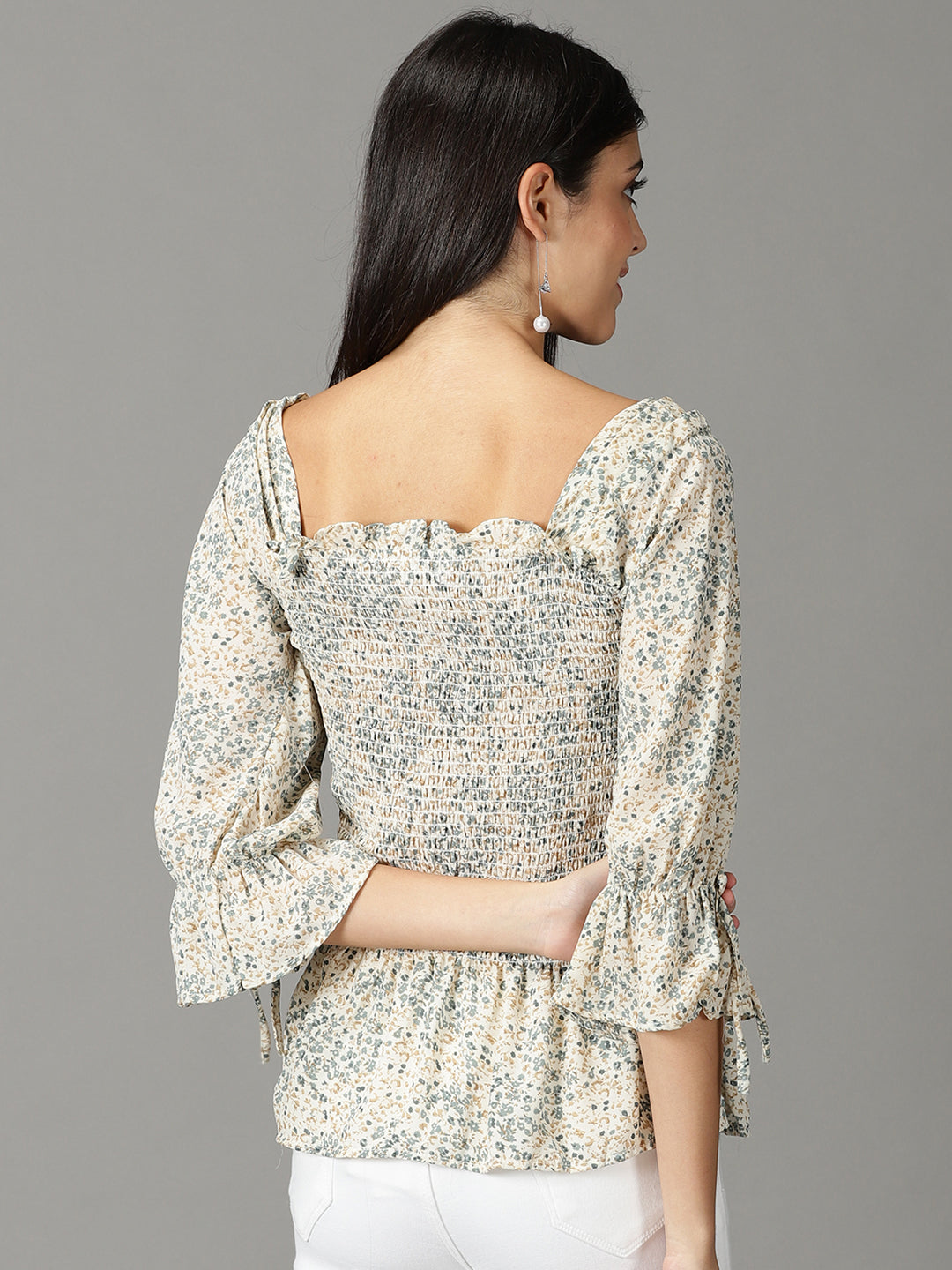 Women's Off White Floral Printed Square Neck Peplum Top
