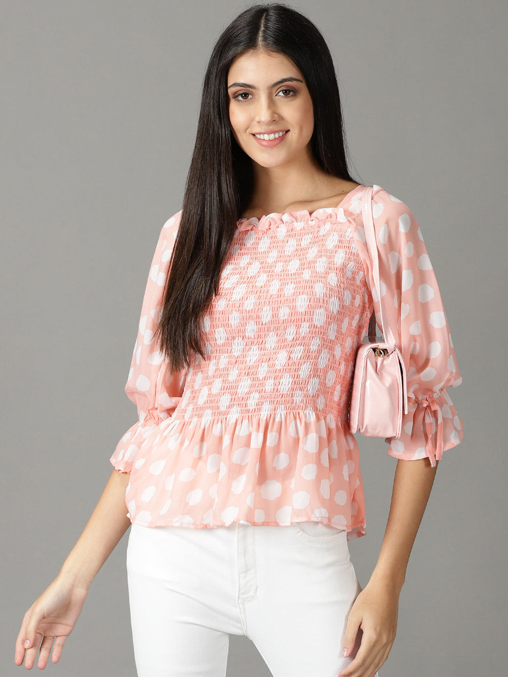 Women's Peach Polka dots Print Peplum Top