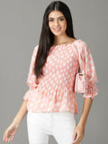 Women's Peach Polka dots Print Peplum Top