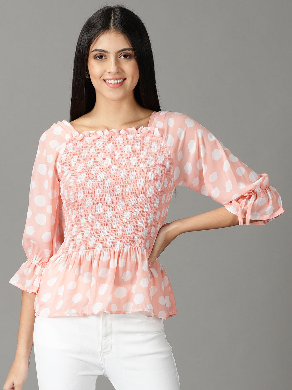 Women's Peach Polka dots Print Peplum Top