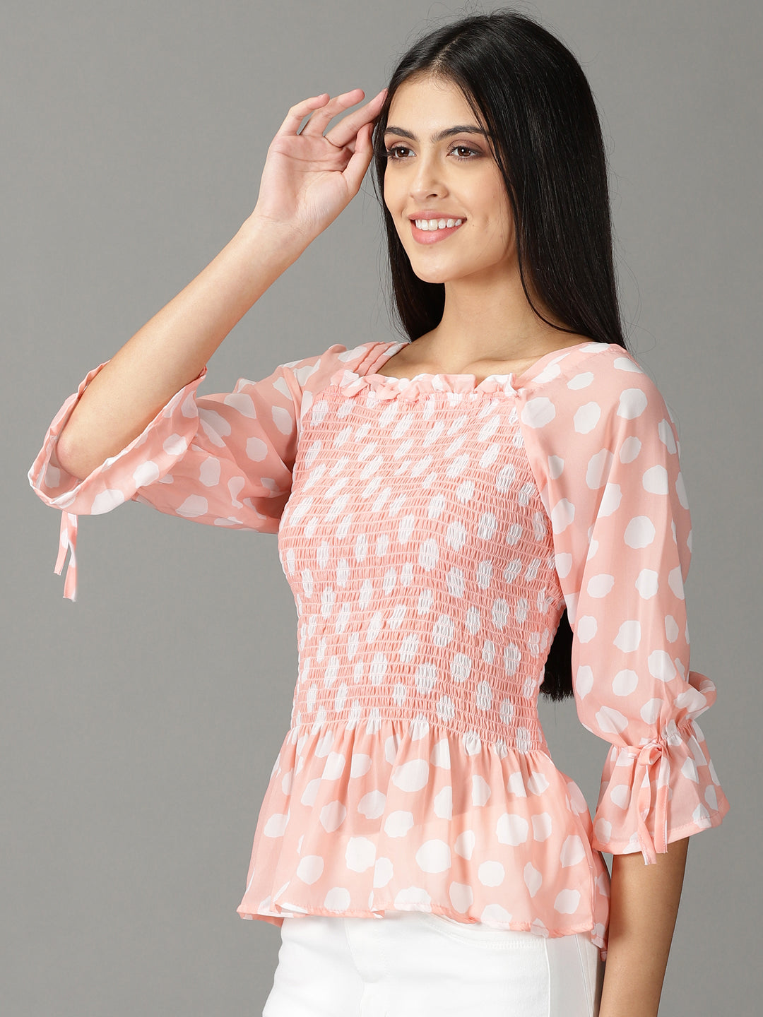 Women's Peach Polka dots Print Peplum Top