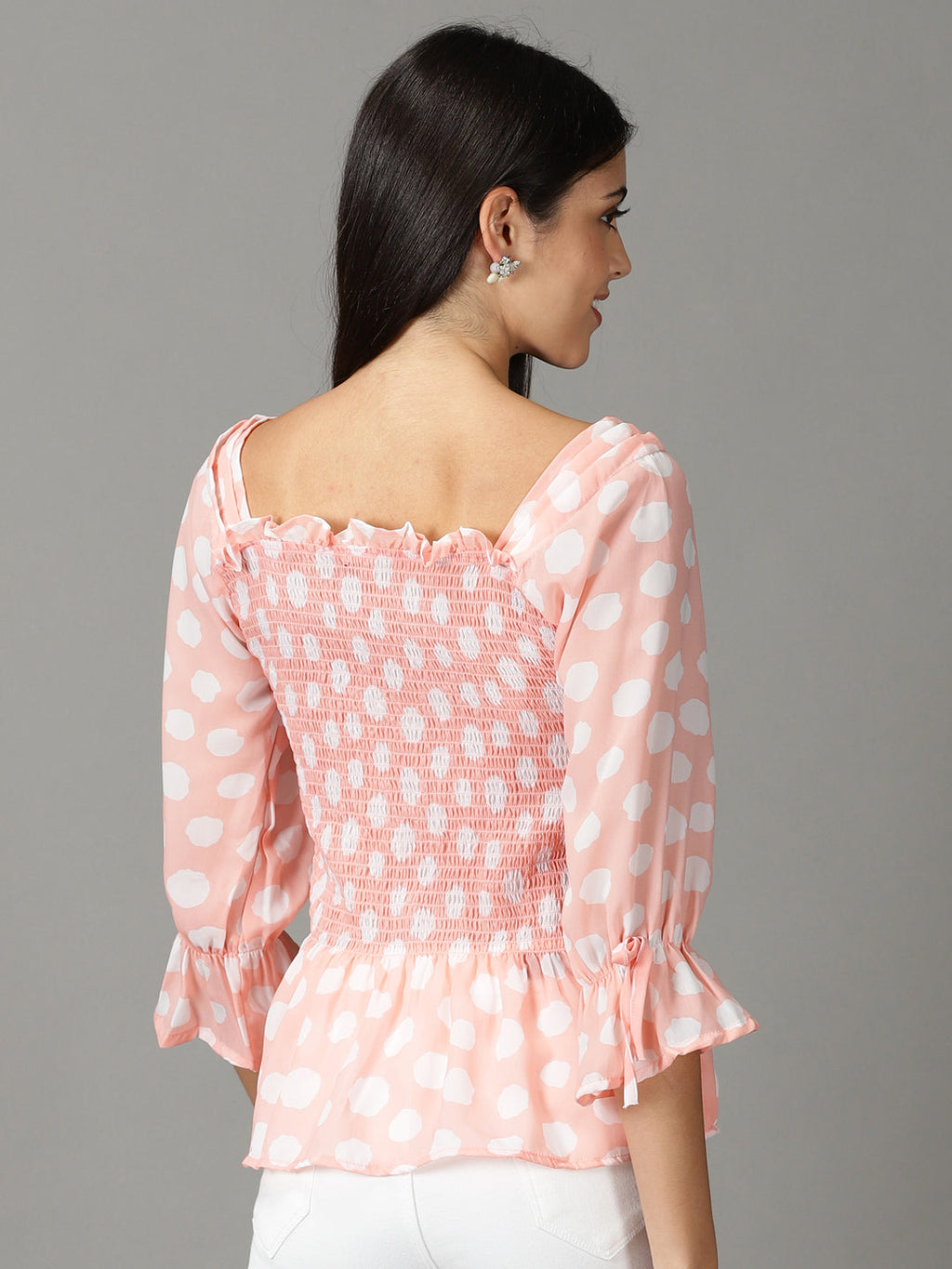 Women's Peach Polka dots Print Peplum Top