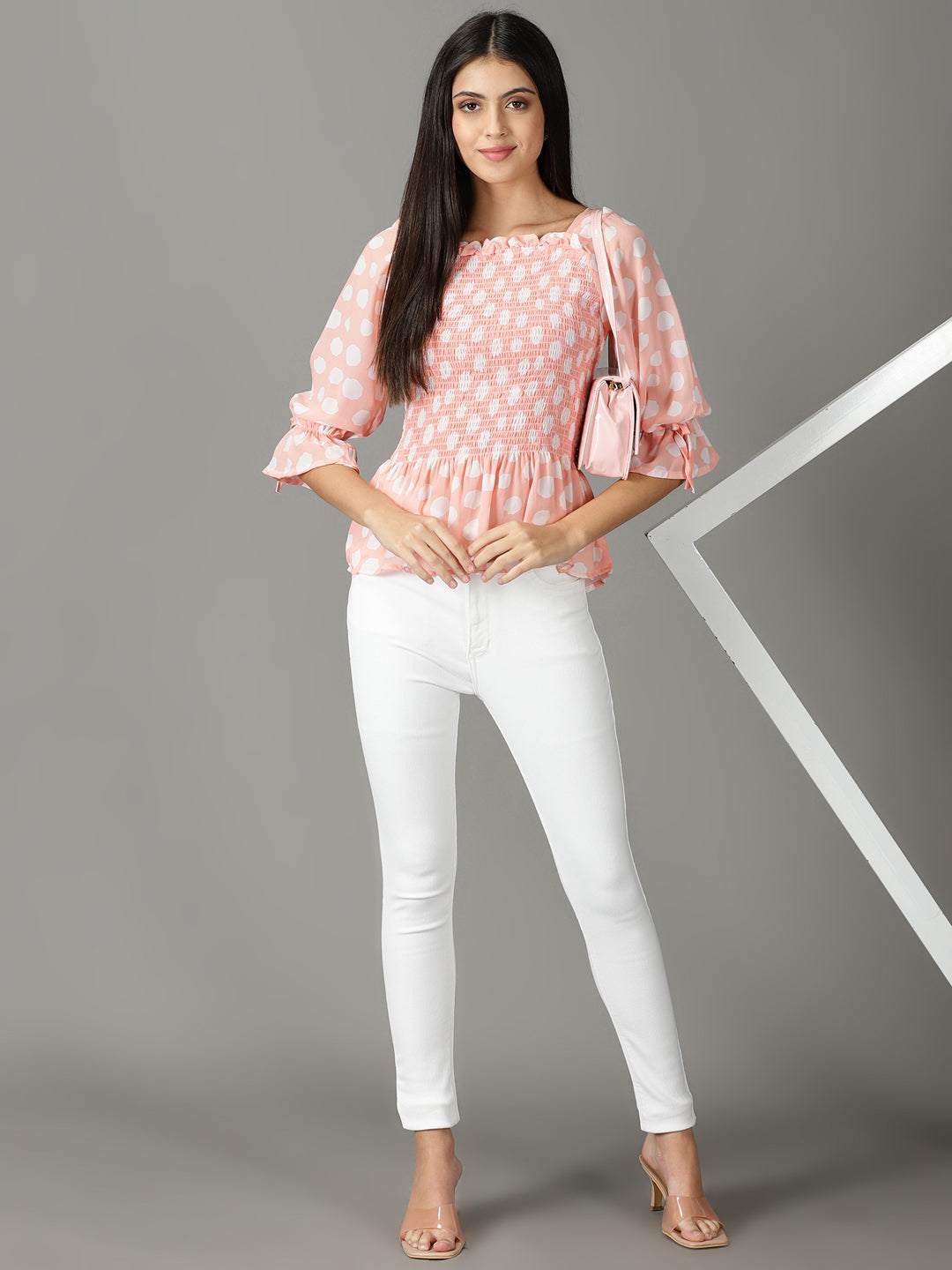 Women's Peach Polka dots Print Peplum Top