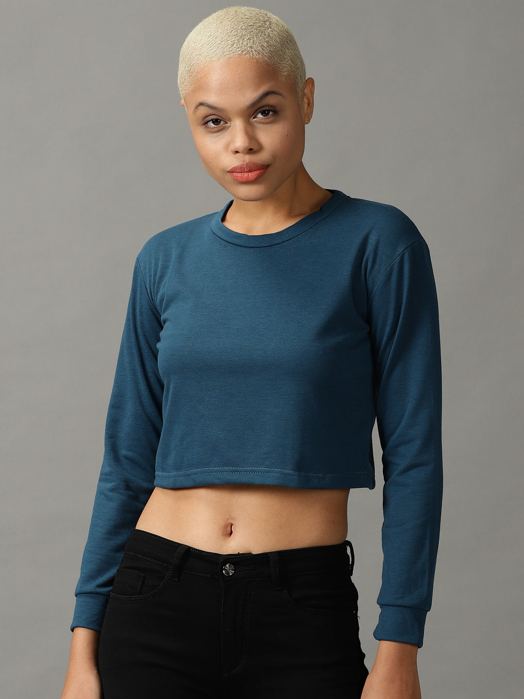 Women's Teal Round Neck Cropped Top