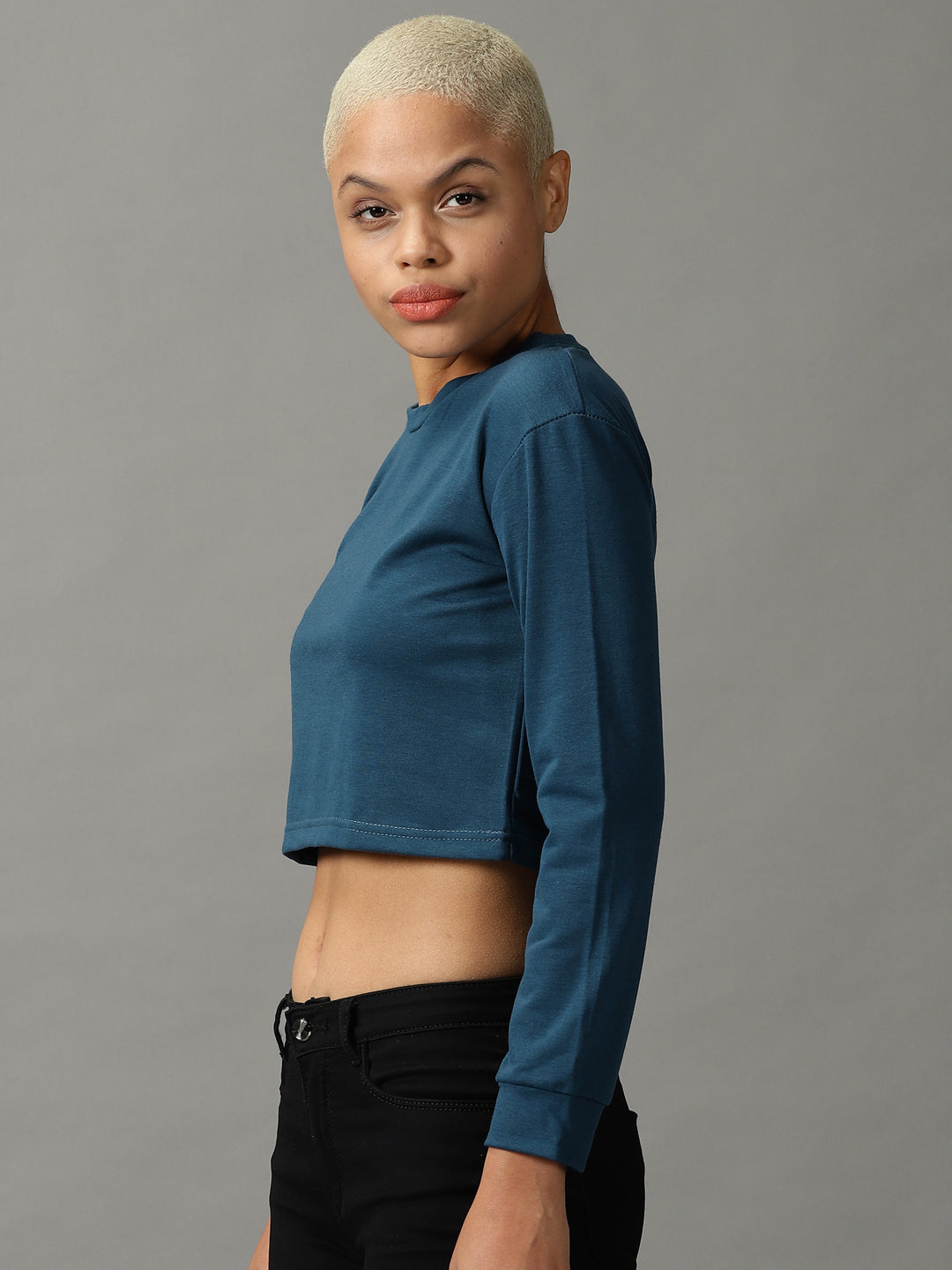 Women's Teal Round Neck Cropped Top