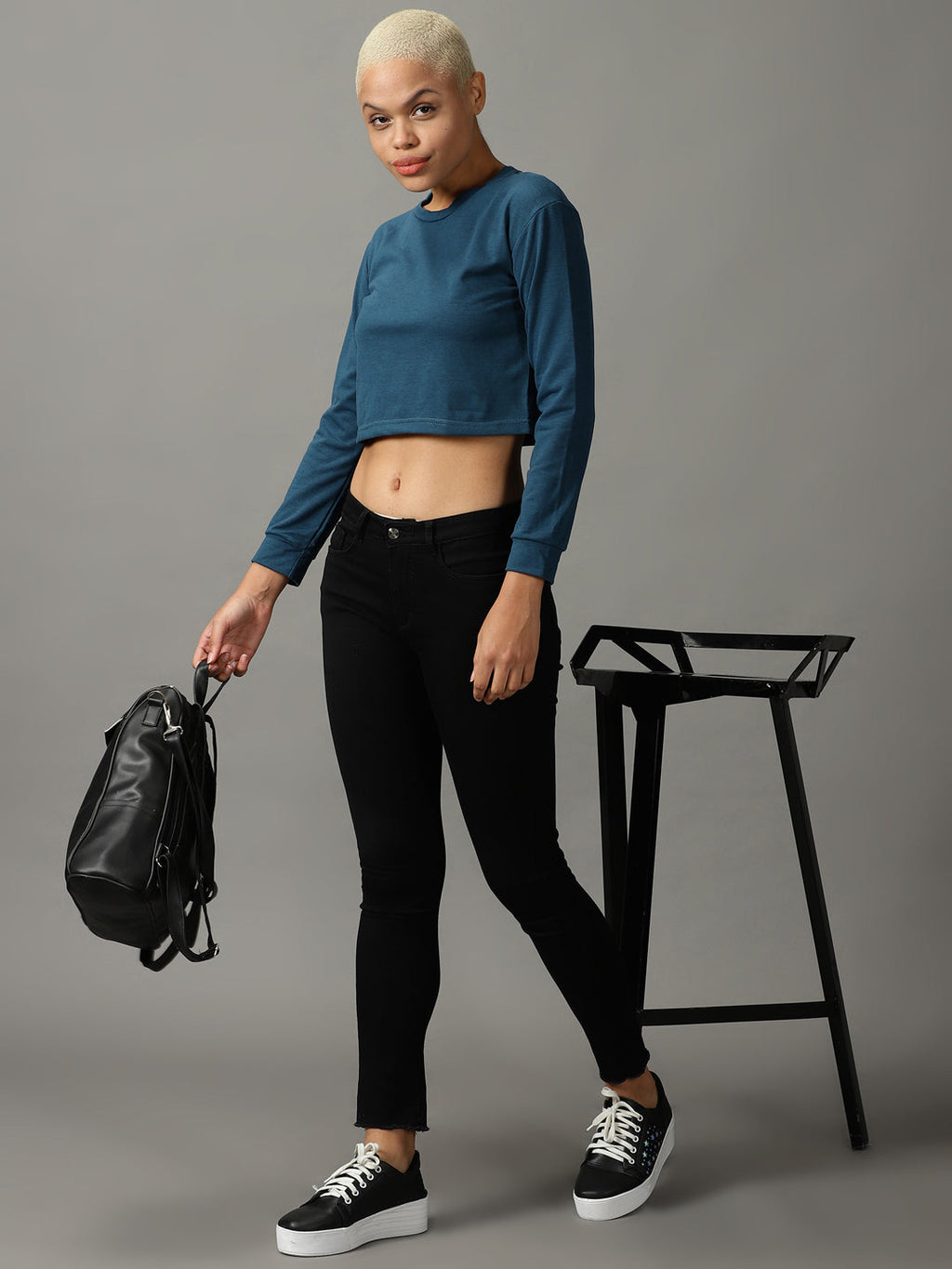 Women's Teal Round Neck Cropped Top