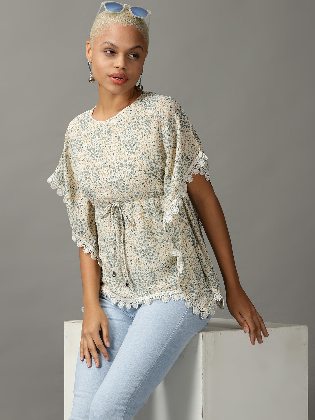 Women's Cream Floral Print Extended Sleeves Georgette Kaftan Top