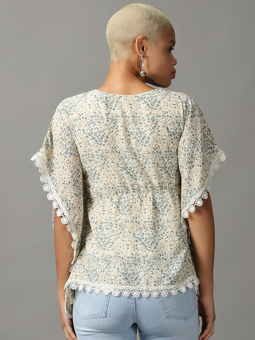 Women's Cream Floral Print Extended Sleeves Georgette Kaftan Top