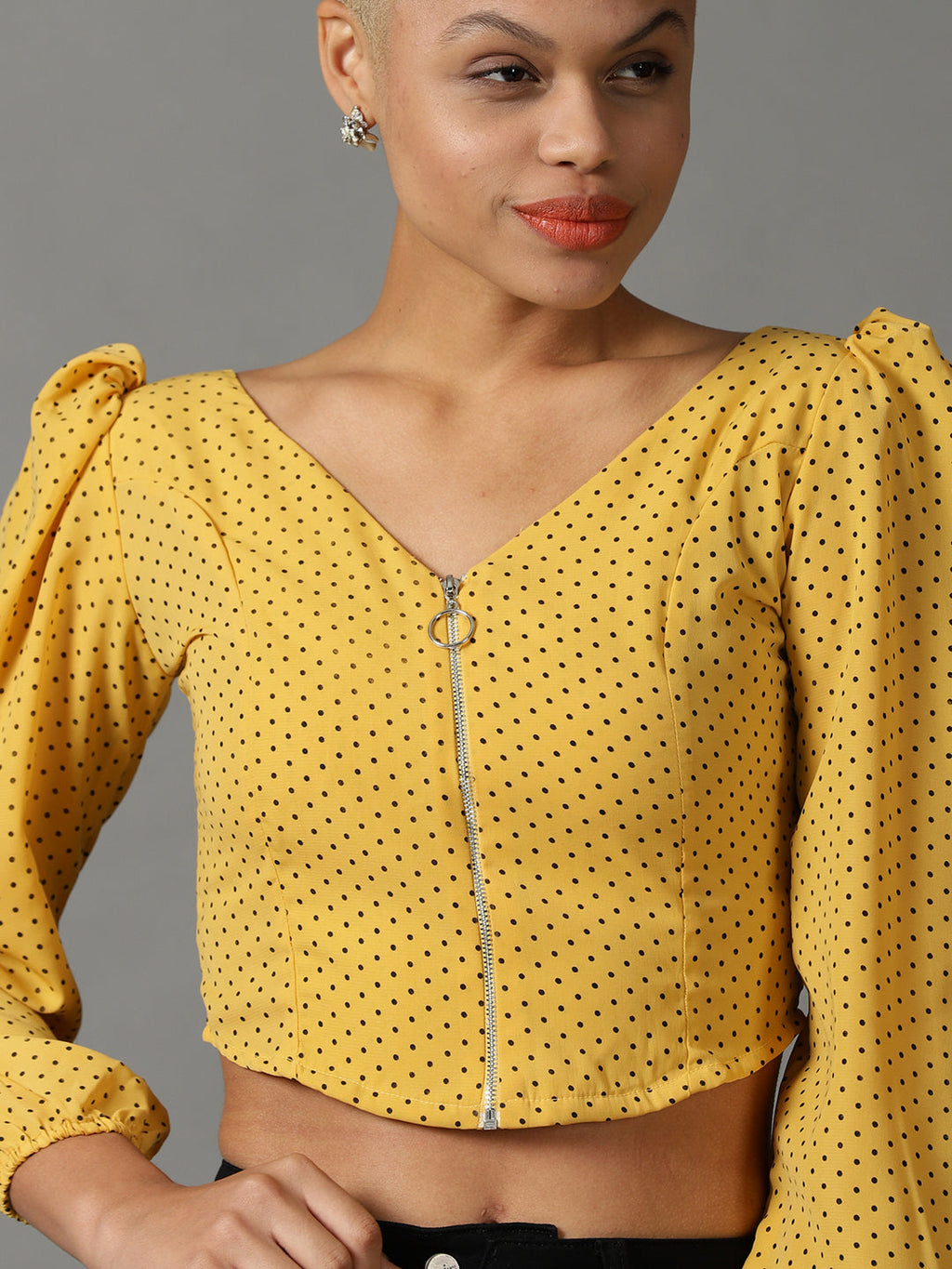 Women's Yellow Polka Dot Georgette Crop Top
